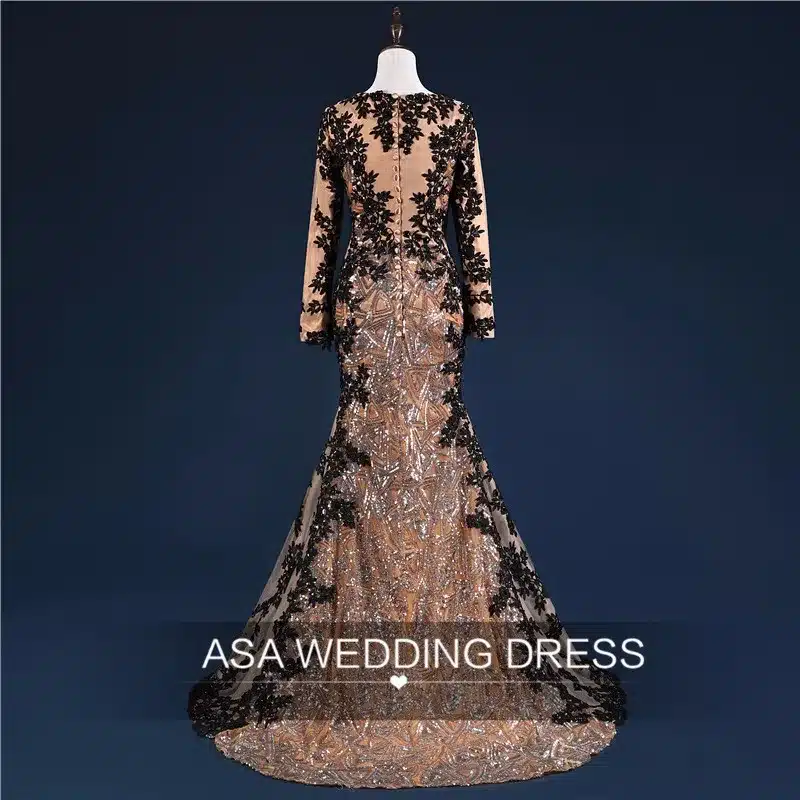 Custom Made Lace Applique Mermaid Evening Dresses Scoop Sheer Long Sleeves Gold Arab Dress Formal Evening Party robe de soiree 17