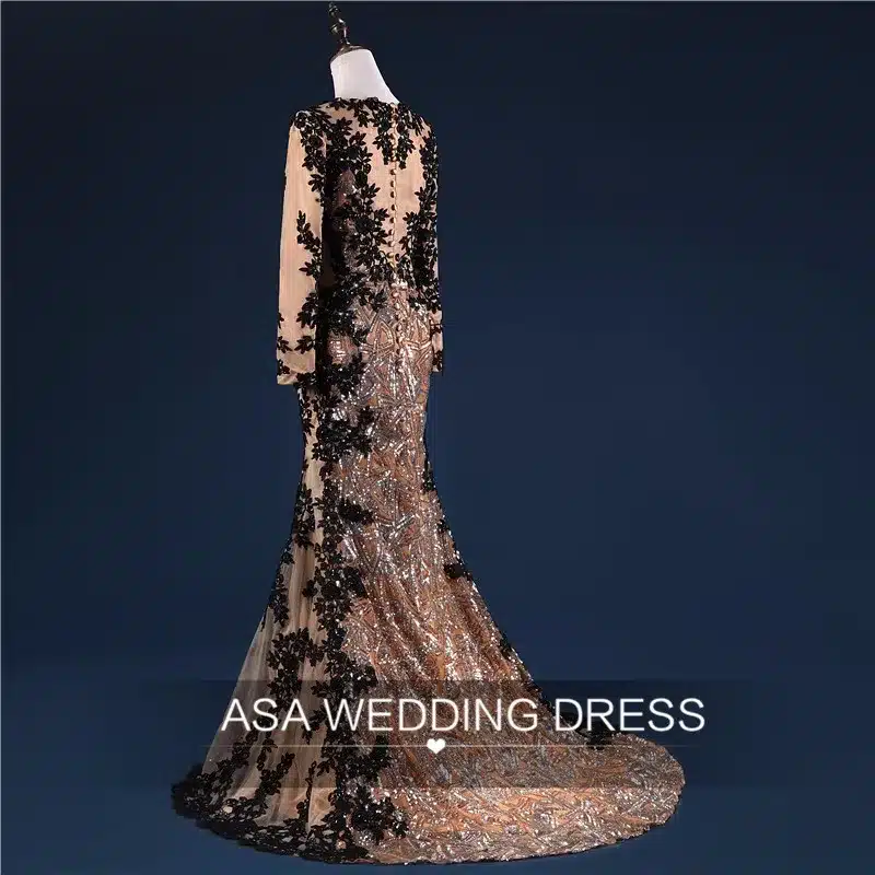 Custom Made Lace Applique Mermaid Evening Dresses Scoop Sheer Long Sleeves Gold Arab Dress Formal Evening Party robe de soiree 18