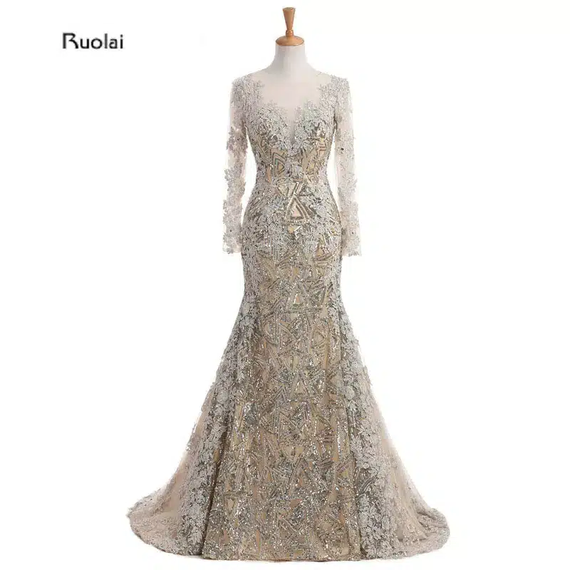 Custom Made Lace Applique Mermaid Evening Dresses Scoop Sheer Long Sleeves Gold Arab Dress Formal Evening Party robe de soiree 20