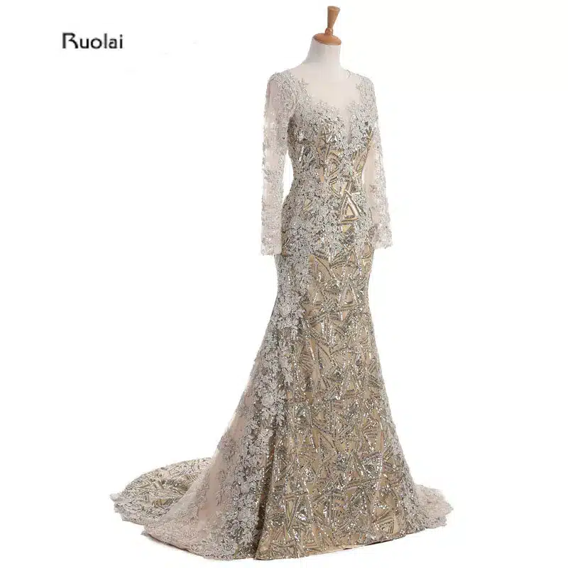 Custom Made Lace Applique Mermaid Evening Dresses Scoop Sheer Long Sleeves Gold Arab Dress Formal Evening Party robe de soiree 21