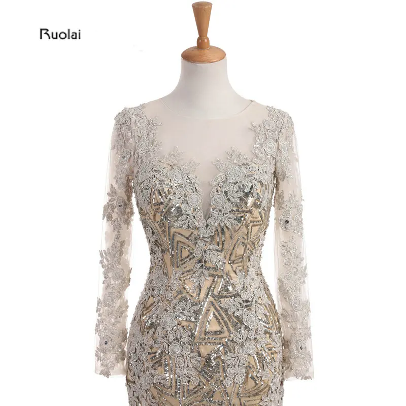 Custom Made Lace Applique Mermaid Evening Dresses Scoop Sheer Long Sleeves Gold Arab Dress Formal Evening Party robe de soiree 23
