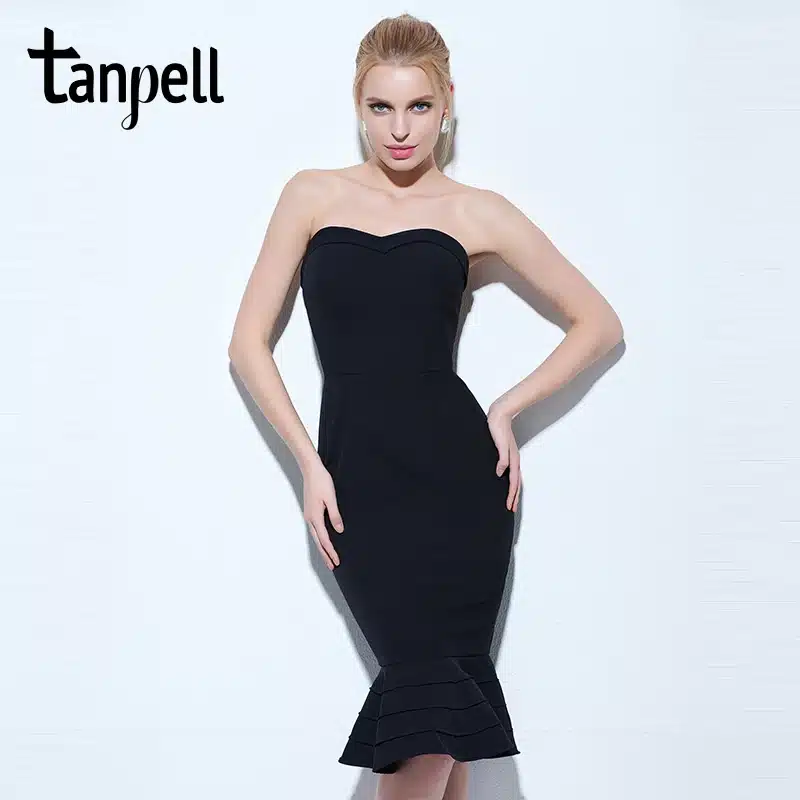 Tanpell strapless cocktail dress black sleeveless knee length mermaid gown women hourglass party formal short cocktail dresses 8