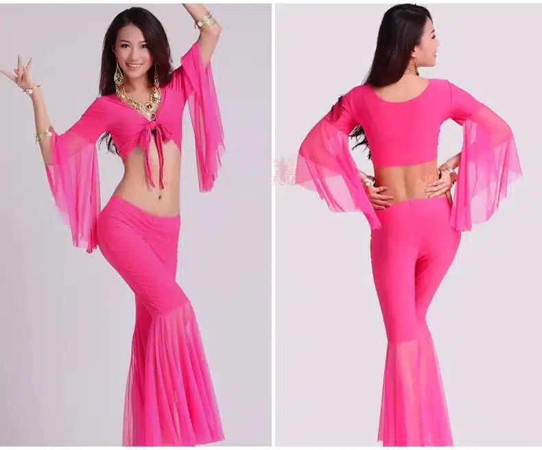 HOT SALE! mesh speaker sleeves belly dance set women 2pcs top and Five point trousers belly dance suit 12colors M and L 17