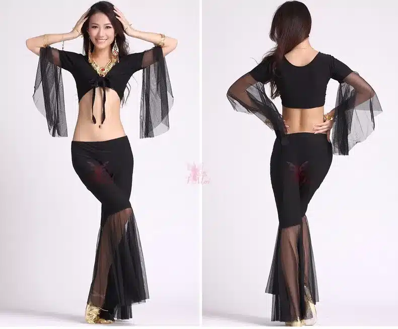 HOT SALE! mesh speaker sleeves belly dance set women 2pcs top and Five point trousers belly dance suit 12colors M and L 19