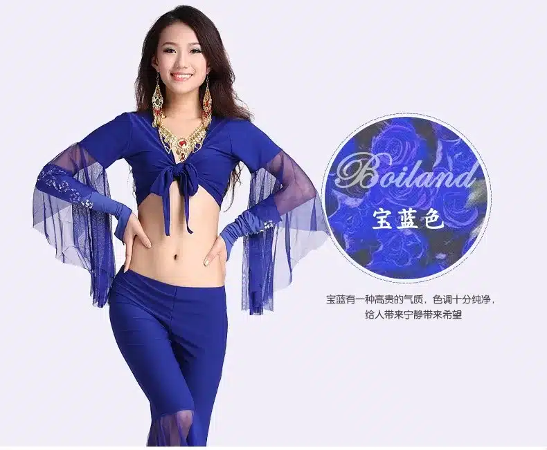 HOT SALE! mesh speaker sleeves belly dance set women 2pcs top and Five point trousers belly dance suit 12colors M and L 22
