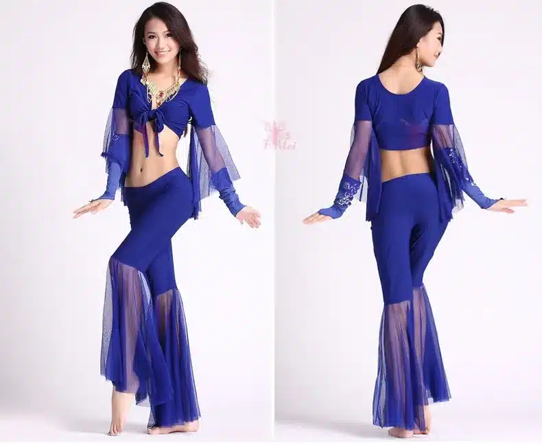 HOT SALE! mesh speaker sleeves belly dance set women 2pcs top and Five point trousers belly dance suit 12colors M and L 23