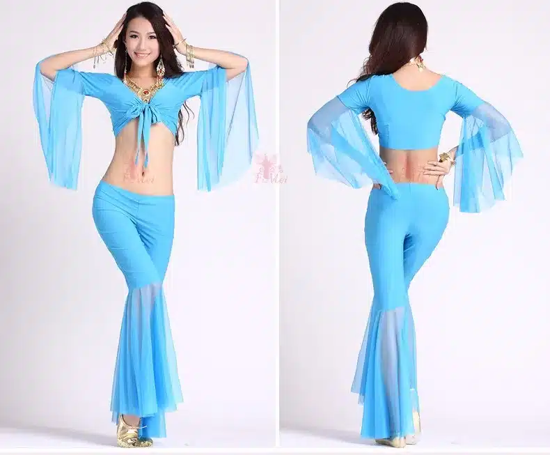 HOT SALE! mesh speaker sleeves belly dance set women 2pcs top and Five point trousers belly dance suit 12colors M and L 25