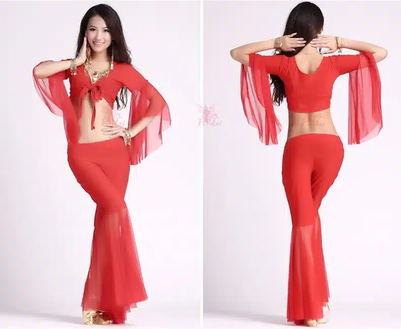 HOT SALE! mesh speaker sleeves belly dance set women 2pcs top and Five point trousers belly dance suit 12colors M and L 27