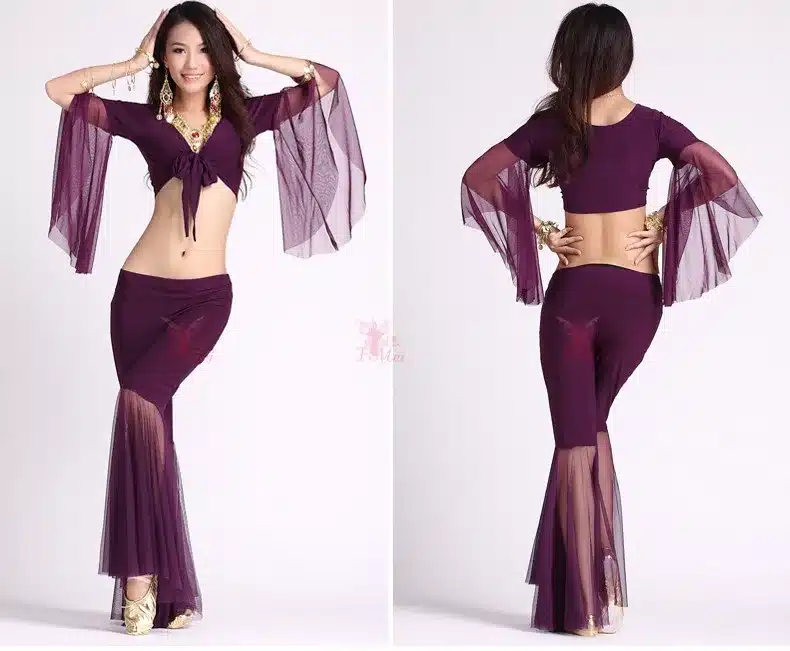 HOT SALE! mesh speaker sleeves belly dance set women 2pcs top and Five point trousers belly dance suit 12colors M and L 32