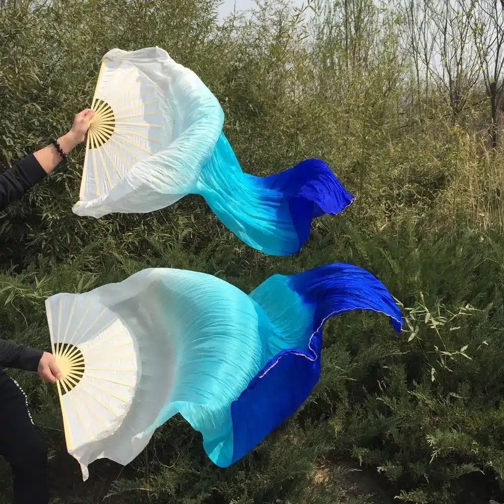 Free shipping belly dance Fan Veils colorful 100% silk fan Veil 3 colors White/Turquoise/Blue 2