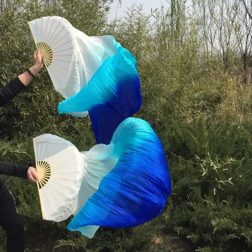 Free shipping belly dance Fan Veils colorful 100% silk fan Veil 3 colors White/Turquoise/Blue 3