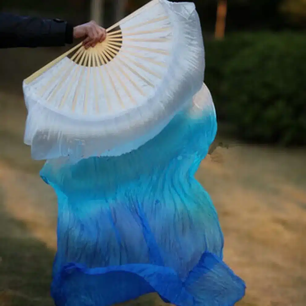 Free shipping belly dance Fan Veils colorful 100% silk fan Veil 3 colors White/Turquoise/Blue 4