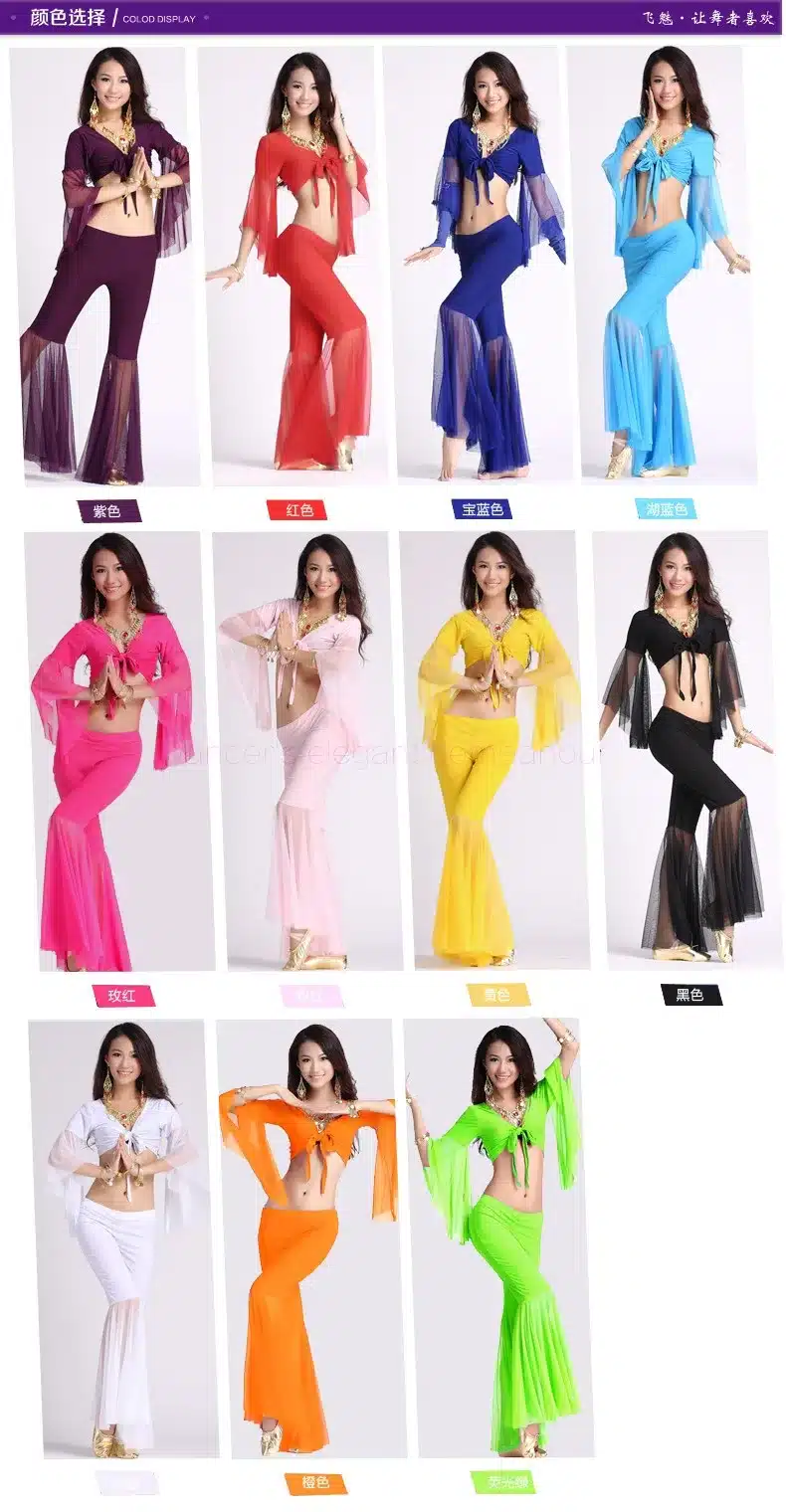 Belly dance costume sexy gauze sleeves top+gauze pants 2pcs/set for women belly dance costume exercie set 11kinds of colors 10