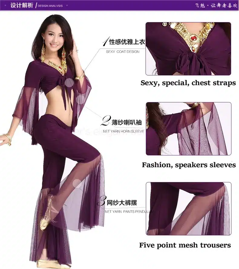 Belly dance costume sexy gauze sleeves top+gauze pants 2pcs/set for women belly dance costume exercie set 11kinds of colors 11