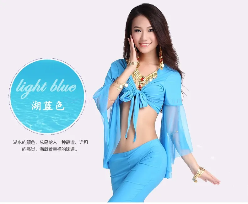 Belly dance costume sexy gauze sleeves top+gauze pants 2pcs/set for women belly dance costume exercie set 11kinds of colors 24
