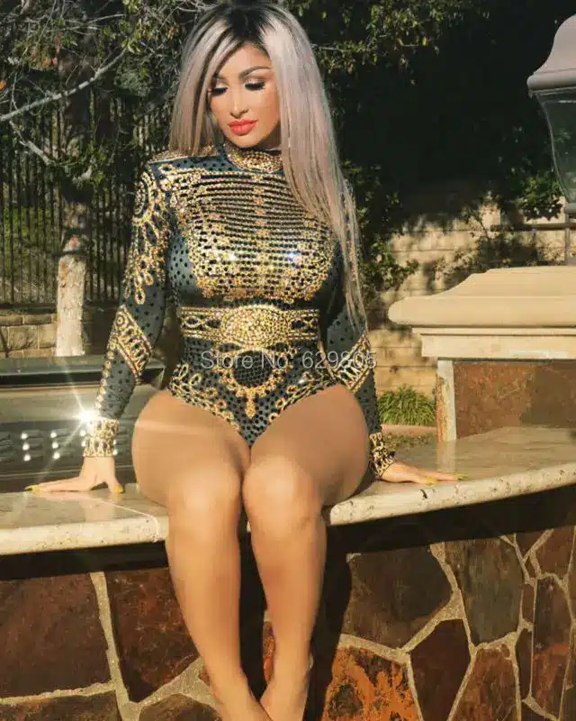 Glisten Black Gold Crystals Bodysuit Women's Long Sleeves Outfit Dance Stage Show Nightclub Costume Singer beyonc Leotard Wear 26