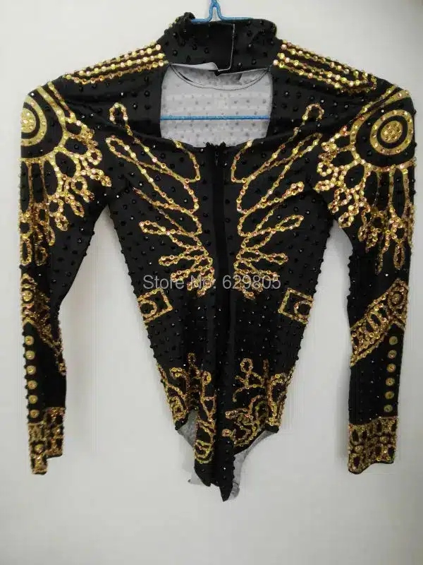 Glisten Black Gold Crystals Bodysuit Women's Long Sleeves Outfit Dance Stage Show Nightclub Costume Singer beyonc Leotard Wear 28