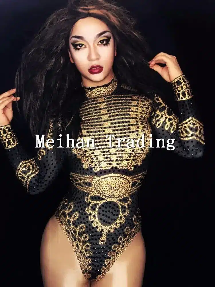 Glisten Black Gold Crystals Bodysuit Women's Long Sleeves Outfit Dance Stage Show Nightclub Costume Singer beyonc Leotard Wear 29
