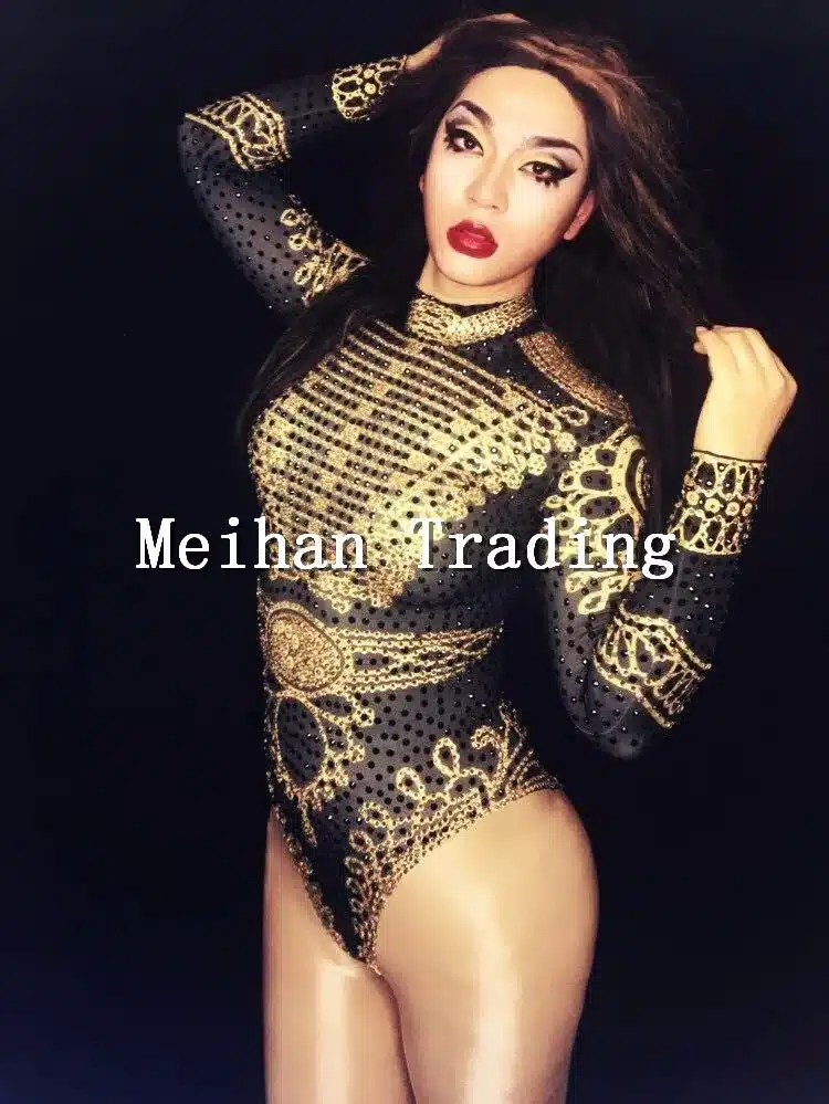 Glisten Black Gold Crystals Bodysuit Women's Long Sleeves Outfit Dance Stage Show Nightclub Costume Singer beyonc Leotard Wear 30