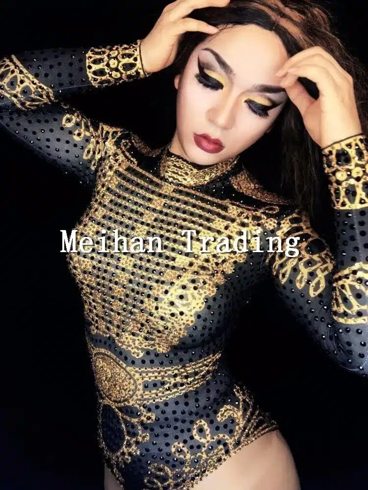 Glisten Black Gold Crystals Bodysuit Women's Long Sleeves Outfit Dance Stage Show Nightclub Costume Singer beyonc Leotard Wear 31