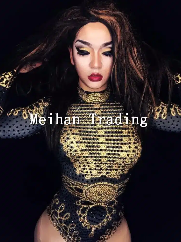 Glisten Black Gold Crystals Bodysuit Women's Long Sleeves Outfit Dance Stage Show Nightclub Costume Singer beyonc Leotard Wear 32