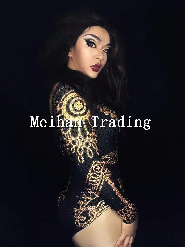 Glisten Black Gold Crystals Bodysuit Women's Long Sleeves Outfit Dance Stage Show Nightclub Costume Singer beyonc Leotard Wear 34
