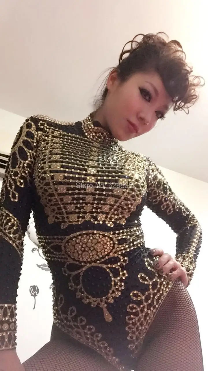 Glisten Black Gold Crystals Bodysuit Women's Long Sleeves Outfit Dance Stage Show Nightclub Costume Singer beyonc Leotard Wear 35