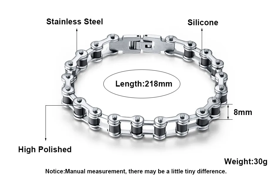 Effie Queen Top Quality Men's Motor Bike Chain Motorcycle Chain Bracelet Bangle Stainless Steel Jewelry with Silicone IB29 14