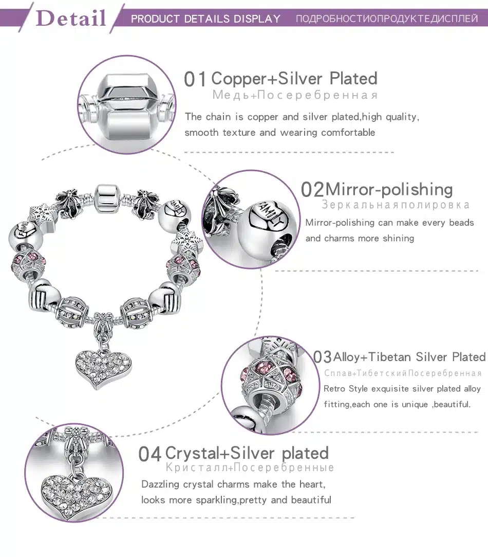 ELESHE Luxury Brand Women Bracelet 925 Unique Silver Crystal Charm Bracelet for Women DIY Beads Bracelets & Bangles Jewelry Gift 33