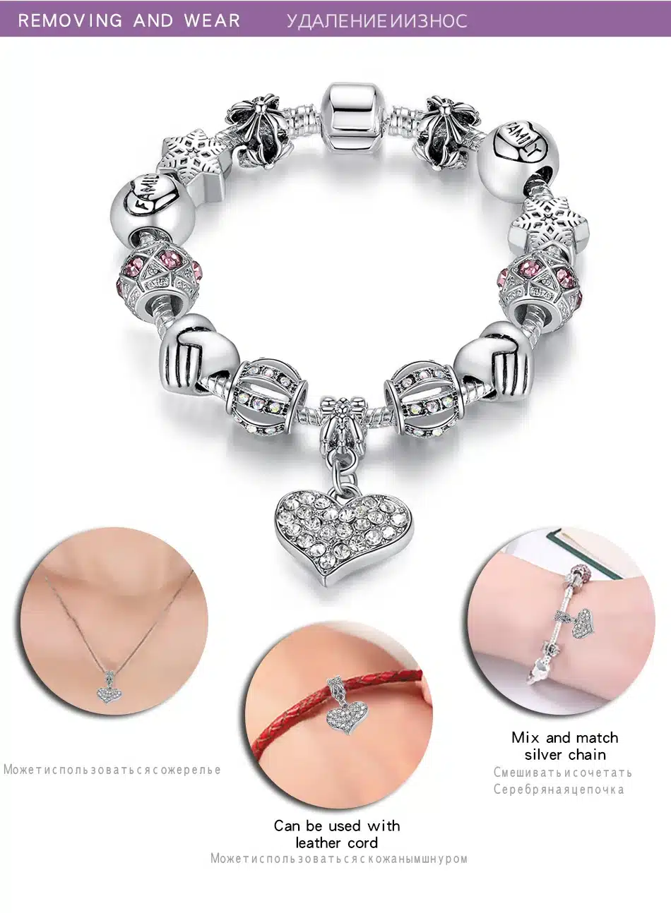 ELESHE Luxury Brand Women Bracelet 925 Unique Silver Crystal Charm Bracelet for Women DIY Beads Bracelets & Bangles Jewelry Gift 34