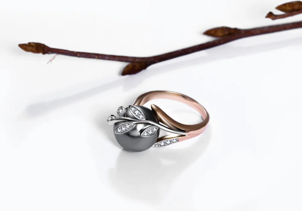 Rose gold ring with Gray Pearl for women Leaf Trendy jewellery dropshipping anel anillos aneis bagues femme statement jewelry 16