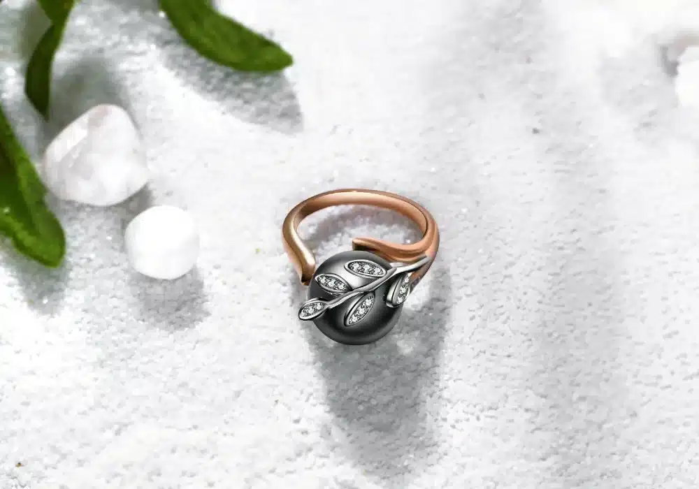 Rose gold ring with Gray Pearl for women Leaf Trendy jewellery dropshipping anel anillos aneis bagues femme statement jewelry 18