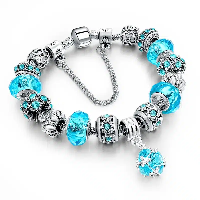 LongWay European Style Authentic Tibetan Silver Blue Crystal Charm Bracelet for Women Original DIY Beads Jewelry Christmas Gift 5