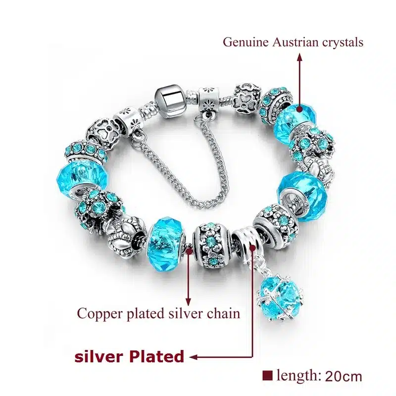 LongWay European Style Authentic Tibetan Silver Blue Crystal Charm Bracelet for Women Original DIY Beads Jewelry Christmas Gift 6