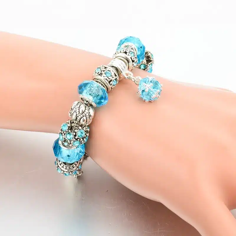 LongWay European Style Authentic Tibetan Silver Blue Crystal Charm Bracelet for Women Original DIY Beads Jewelry Christmas Gift 7