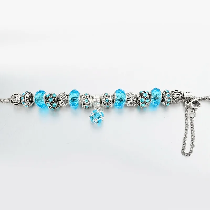LongWay European Style Authentic Tibetan Silver Blue Crystal Charm Bracelet for Women Original DIY Beads Jewelry Christmas Gift 8