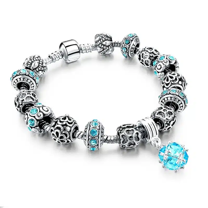 LongWay European Style Authentic Tibetan Silver Blue Crystal Charm Bracelet for Women Original DIY Beads Jewelry Christmas Gift 20