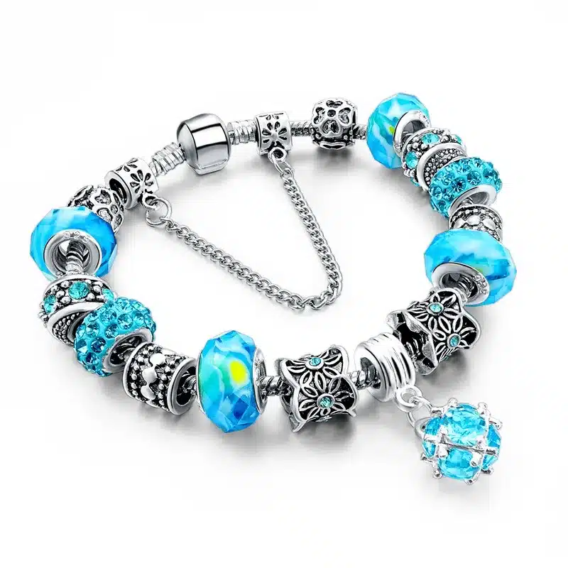 LongWay European Style Authentic Tibetan Silver Blue Crystal Charm Bracelet for Women Original DIY Beads Jewelry Christmas Gift 22
