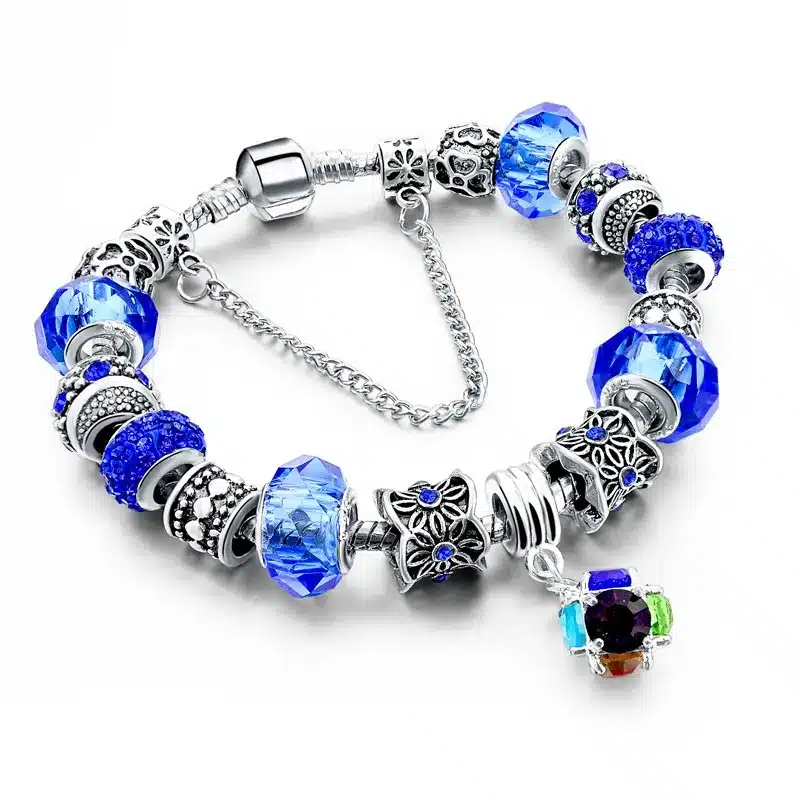 LongWay European Style Authentic Tibetan Silver Blue Crystal Charm Bracelet for Women Original DIY Beads Jewelry Christmas Gift 23