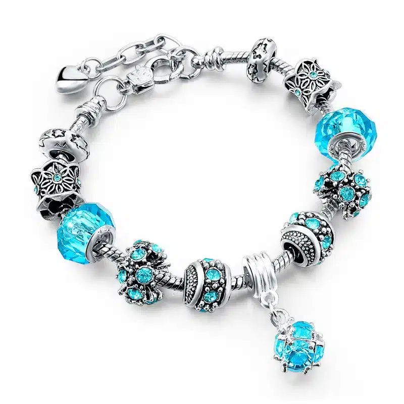 LongWay European Style Authentic Tibetan Silver Blue Crystal Charm Bracelet for Women Original DIY Beads Jewelry Christmas Gift 25