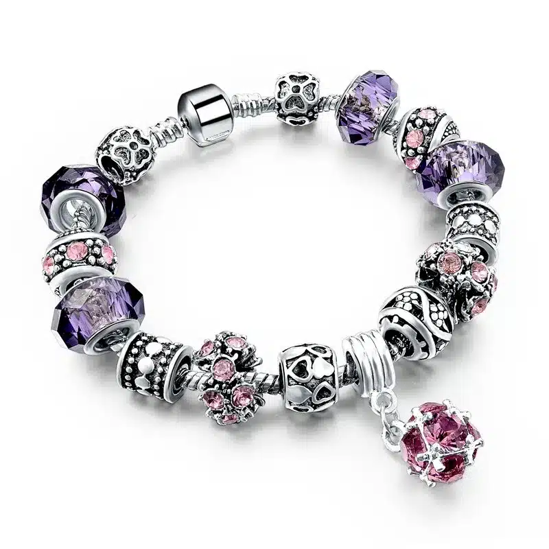 LongWay European Style Authentic Tibetan Silver Blue Crystal Charm Bracelet for Women Original DIY Beads Jewelry Christmas Gift 26