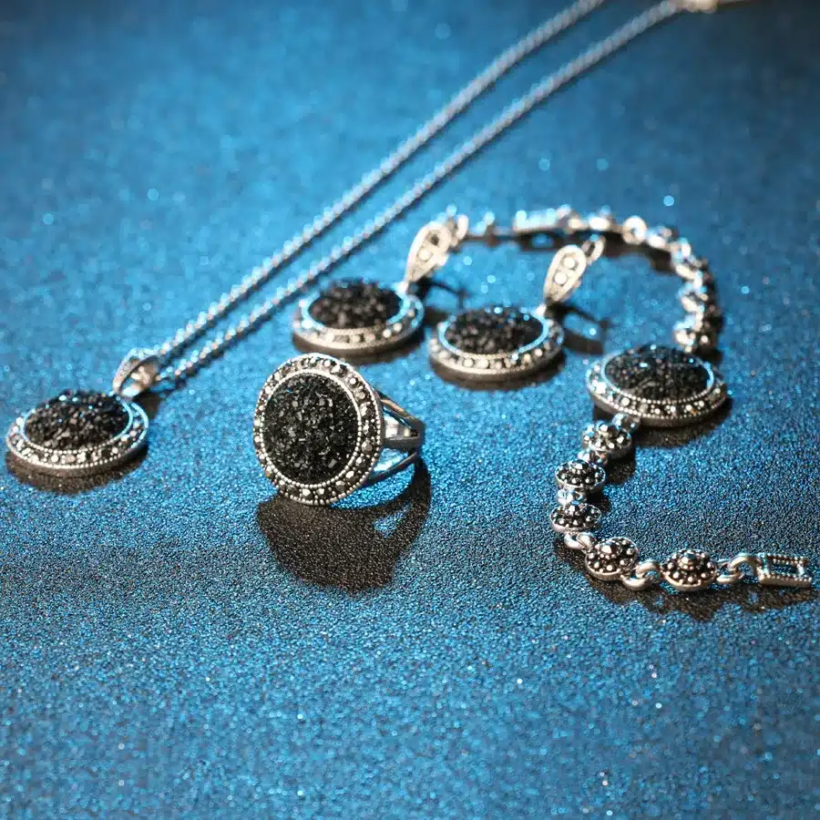 Hot 4pcs Black Broken Stone Wedding Jewelry Sets Earrings For Women Unique Bohemia Silver Plated Jewelry Engagement RingRing 23