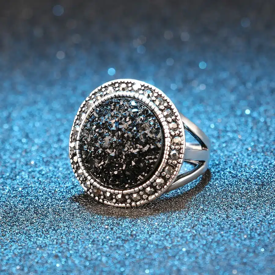 Hot 4pcs Black Broken Stone Wedding Jewelry Sets Earrings For Women Unique Bohemia Silver Plated Jewelry Engagement RingRing 24