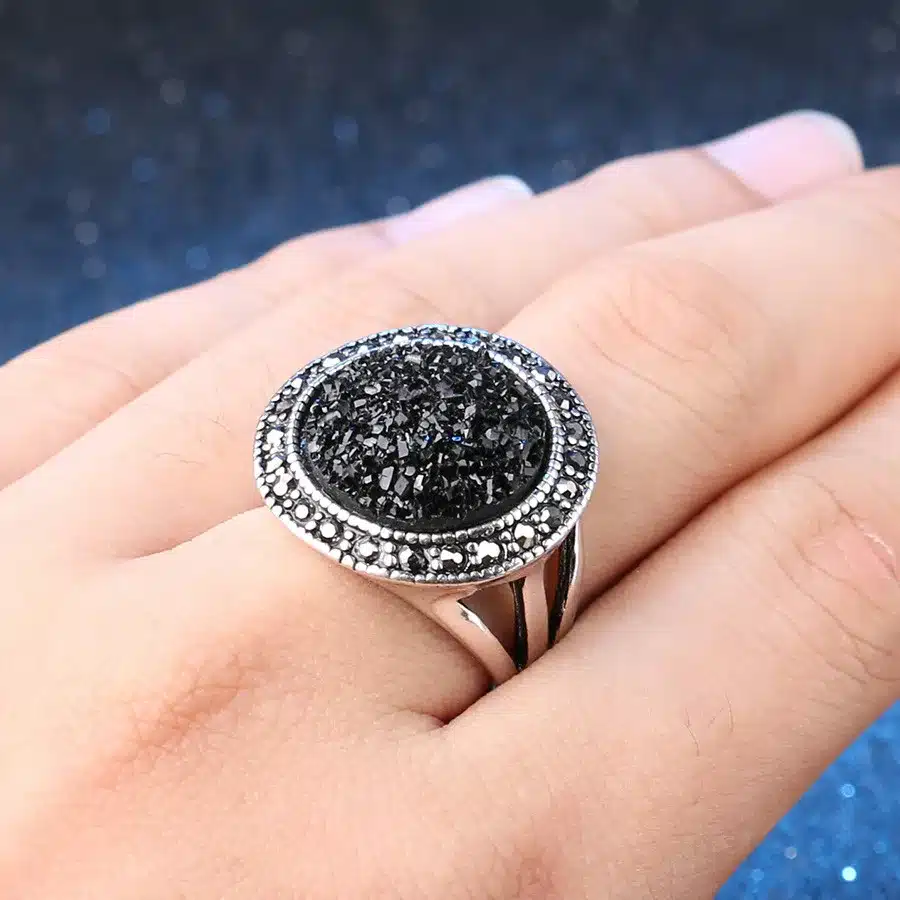 Hot 4pcs Black Broken Stone Wedding Jewelry Sets Earrings For Women Unique Bohemia Silver Plated Jewelry Engagement RingRing 25