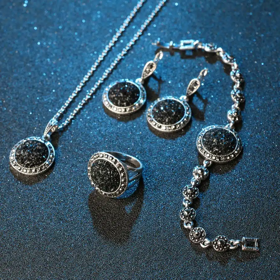 Hot 4pcs Black Broken Stone Wedding Jewelry Sets Earrings For Women Unique Bohemia Silver Plated Jewelry Engagement RingRing 26