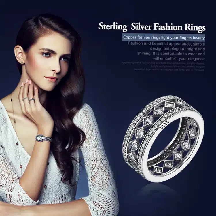 BAMOER Hot Sale 925 Sterling Silver Square Vintage Fascination, Clear CZ Big Ring For Women Luxury Fashion Jewelry S925 PA7601 22