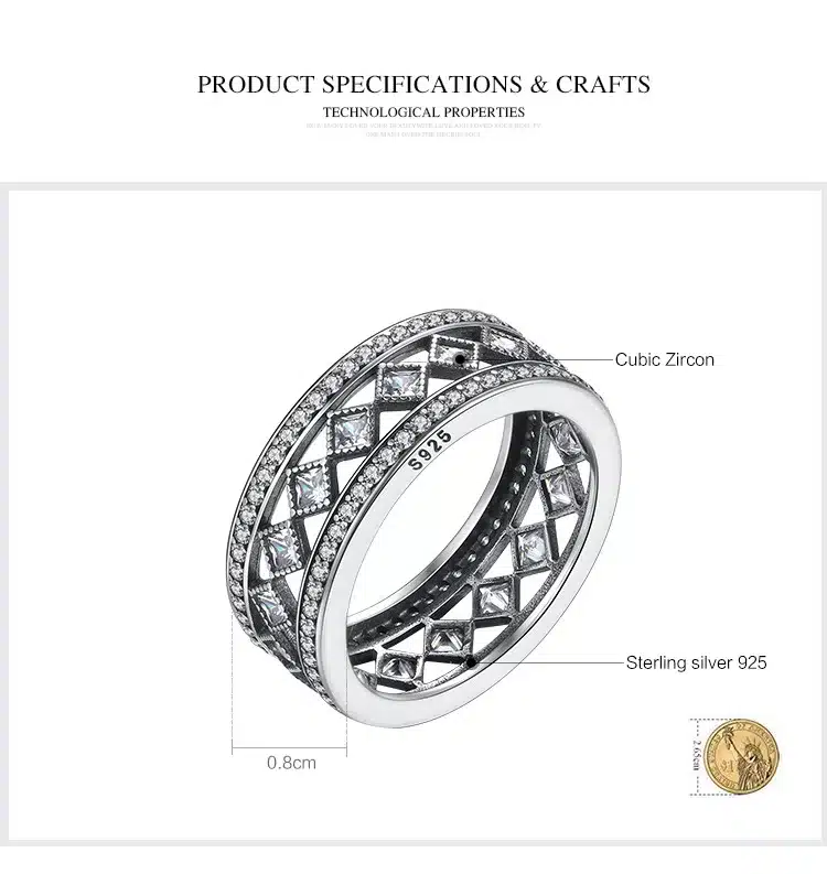 BAMOER Hot Sale 925 Sterling Silver Square Vintage Fascination, Clear CZ Big Ring For Women Luxury Fashion Jewelry S925 PA7601 23