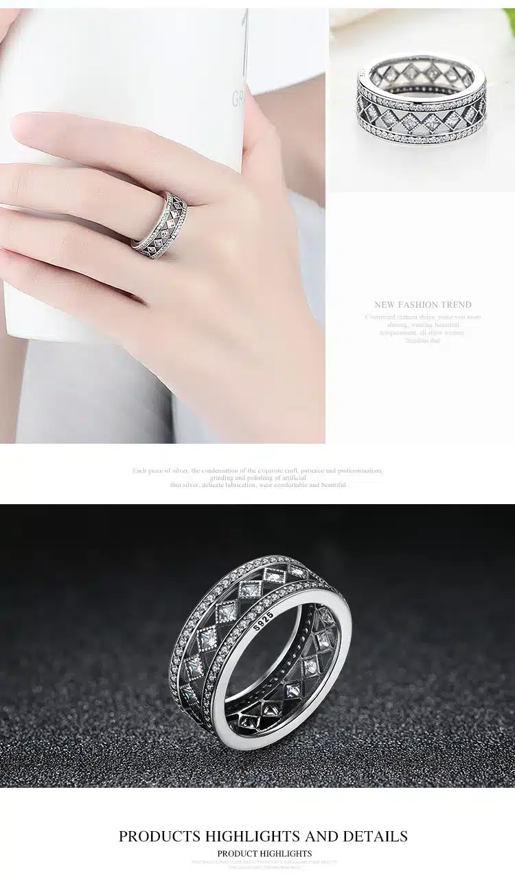 BAMOER Hot Sale 925 Sterling Silver Square Vintage Fascination, Clear CZ Big Ring For Women Luxury Fashion Jewelry S925 PA7601 26