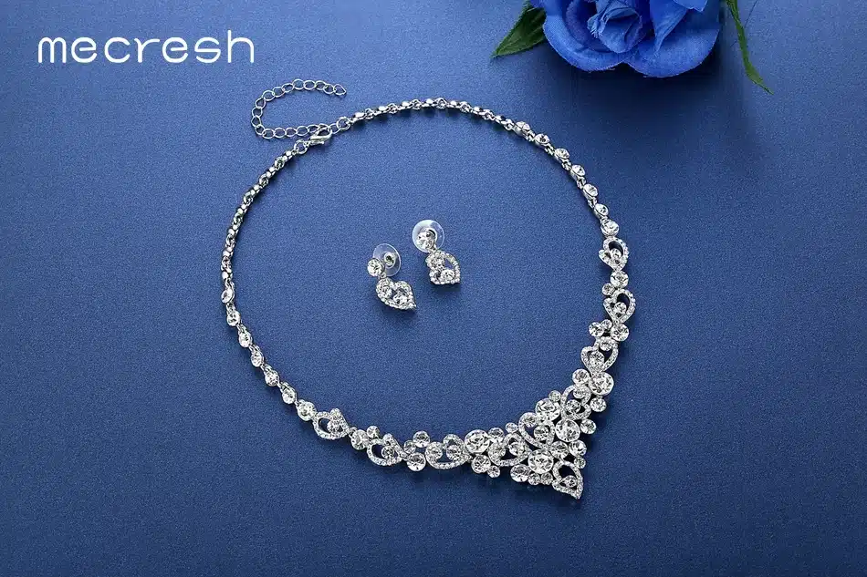 Mecresh Romantic Heart Crystal Wedding Jewelry Sets Silver Color Bridal Necklace Earrings Bracelets Sets For Women TL310+MSL285 23