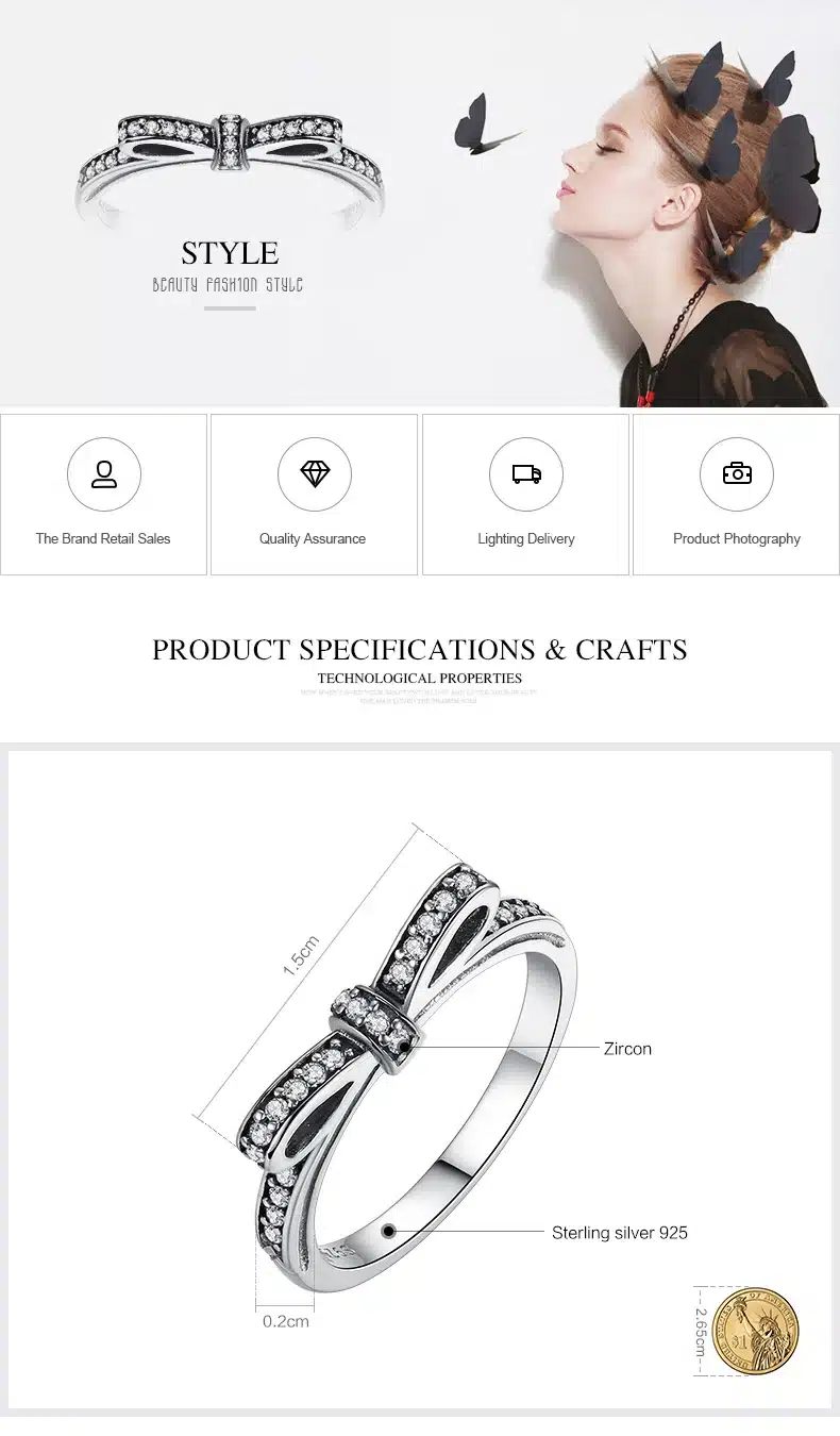 Fashion European Authentic 100% 925 Sterling Silver Bow Knot Wedding Ring With Crystal Compatible With Original Jewelry XCH7104 13